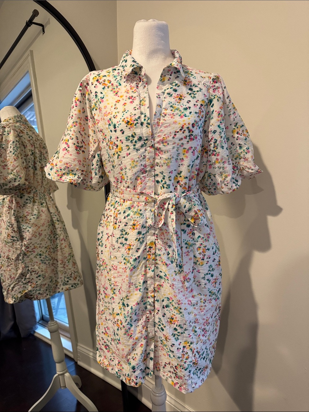 Oliver Bonas Floral Shirt Dress with Tie Waist - White Multi
